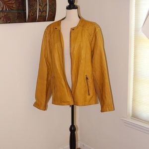 Sebby Collection, mustard yellow faux leather Moto jacket wit front zip pockets